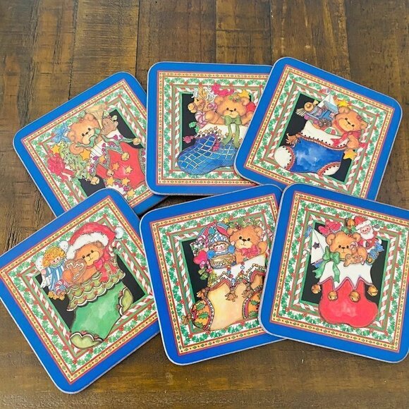 Pimpernel Coasters Holiday Christmas Teddy Bear in Stocking Set of 6 - Picture 1 of 5